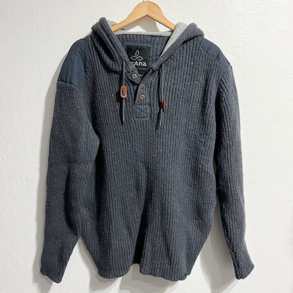 Prana Sweater Mens XL Hooded Lambswool Blue Grey Knit Henley Winter Snow